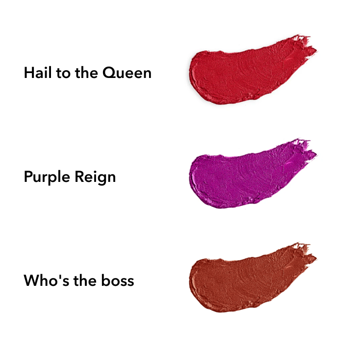Feeling Presidential Hydrating Lipstick Bundle: Hail to the Queen (red), Purple Reign (purple), Who's the Boss (bronze-red) Hue Noir