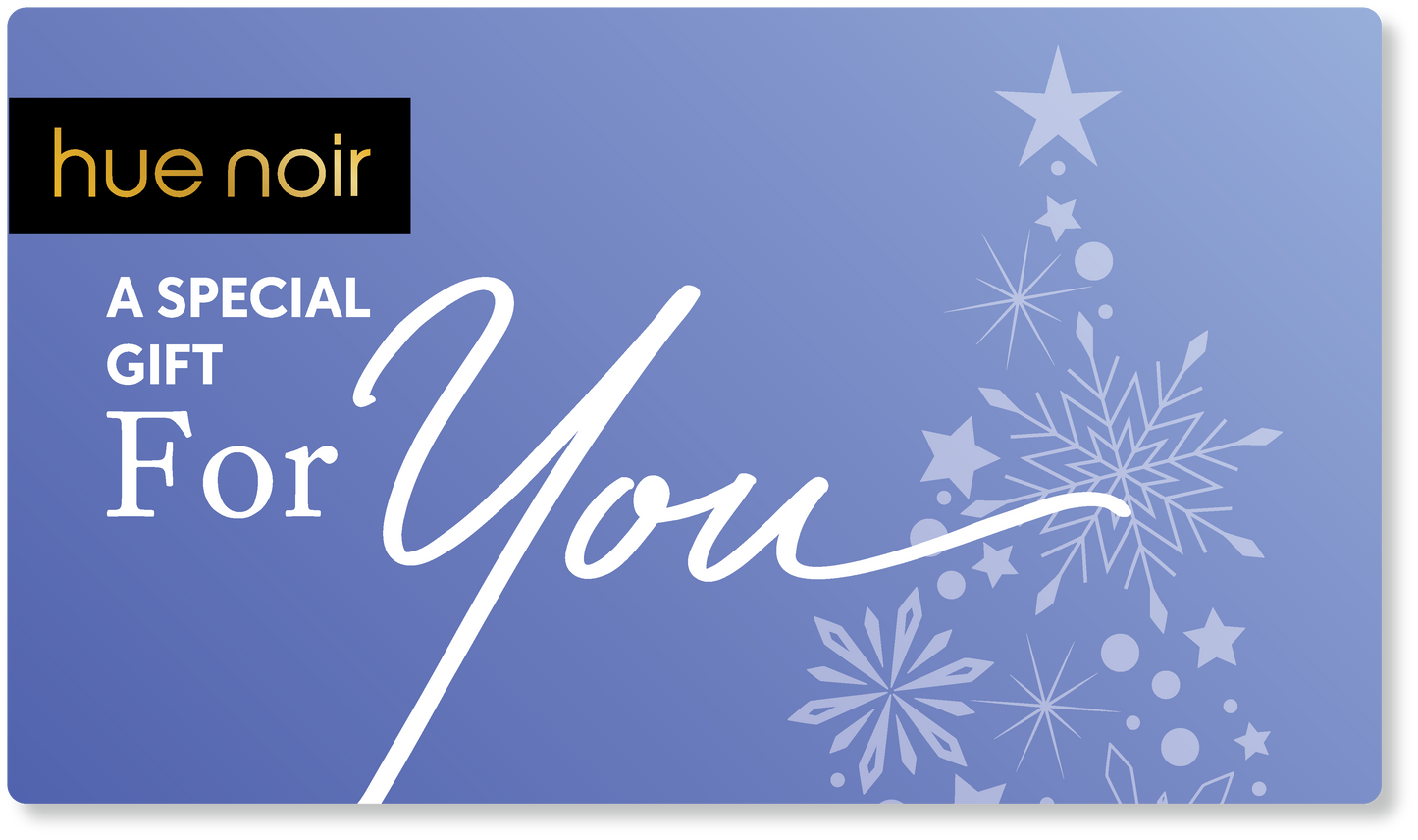 Hue Noir holiday gift card lavender color with sparkly snowflakes design