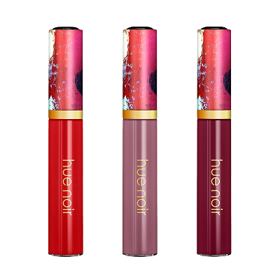 Lip gloss swatches in shades Reddy to Roll, So Mauvelous, and Genu-wine on white background with shade labels.