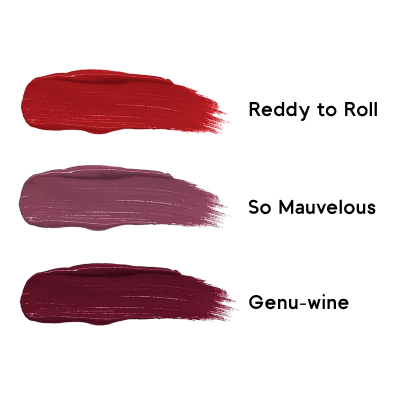 Lip gloss swatches in shades Reddy to Roll, So Mauvelous, and Genu-wine on white background with shade labels.