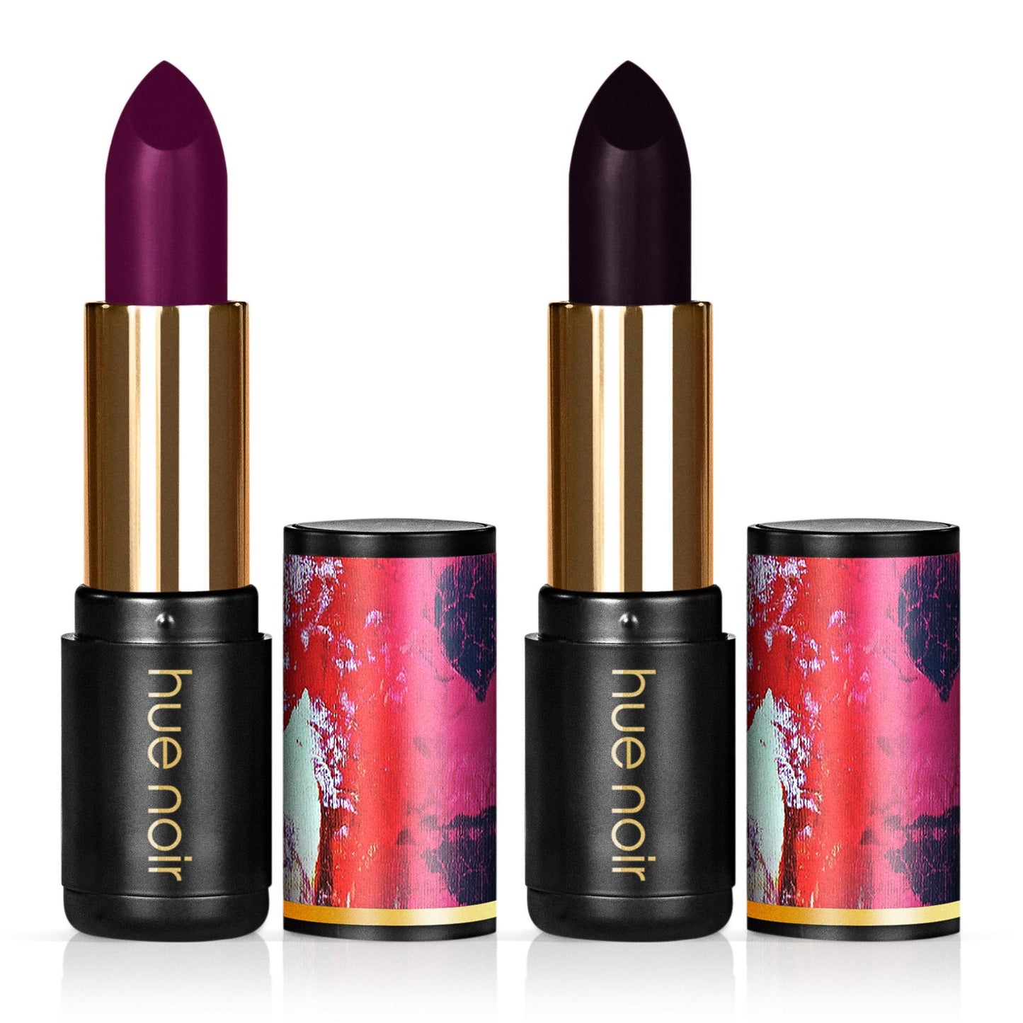 Perfect Pout Hydrating Lipstick Duo: A rich berry and deep plum lipstick pair for bold, moisturizing color Hue Noir
