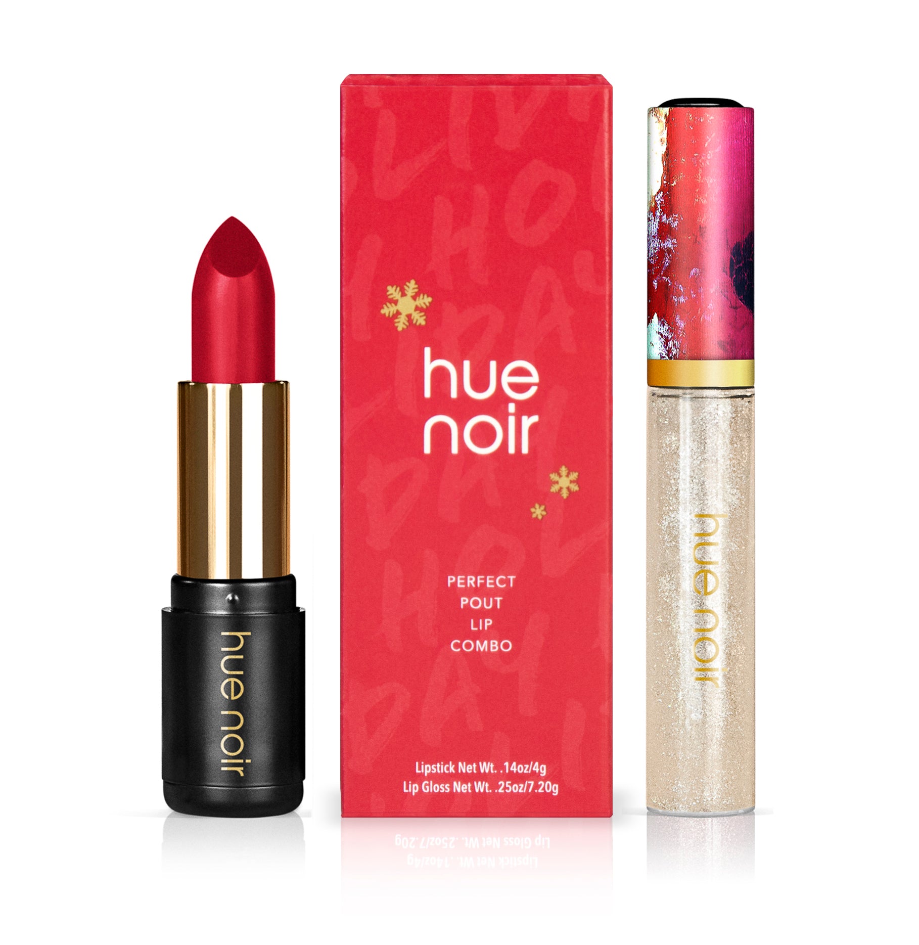 Lip set featuring coral red lipstick and clear shimmery lip gloss