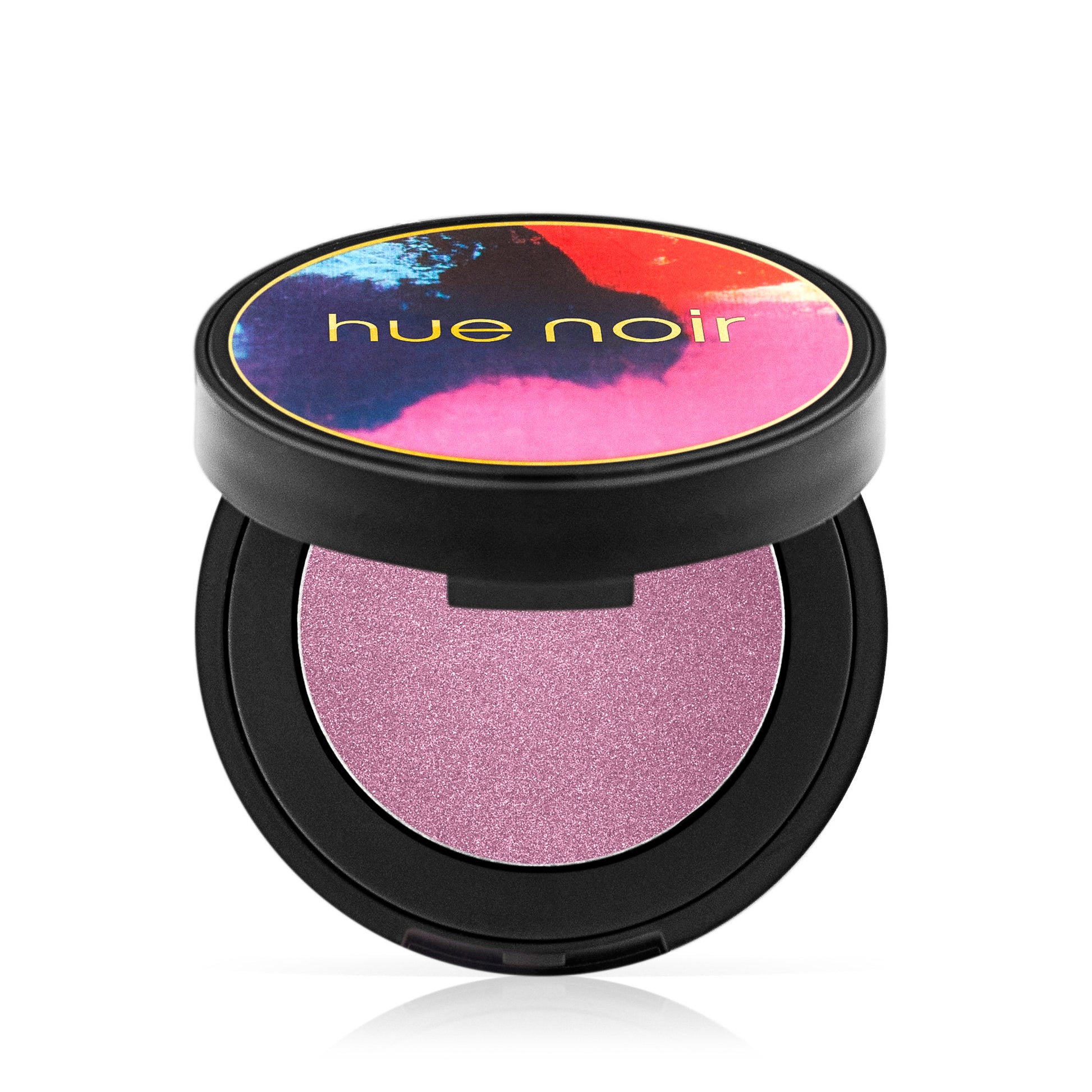 Hue Noir Perfect Pigment Velvet Eyeshadow in Pink Crush, an open compact with a shimmery pink shade inside