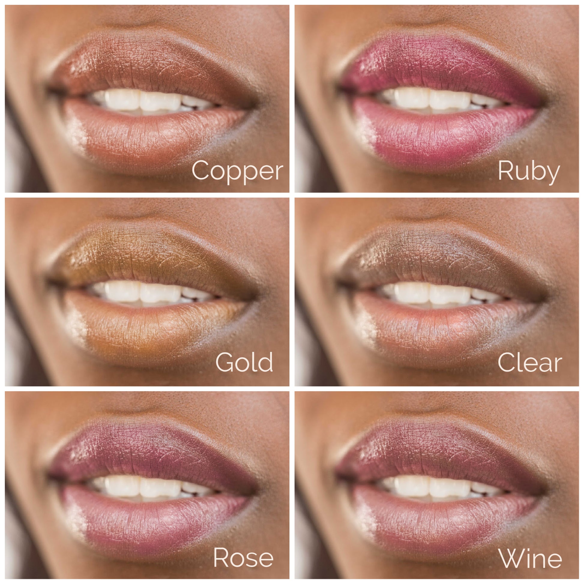 Collage photo of 6 tinted lip balm shades on models lips, copper, ruby, gold, clear, rose, and wine