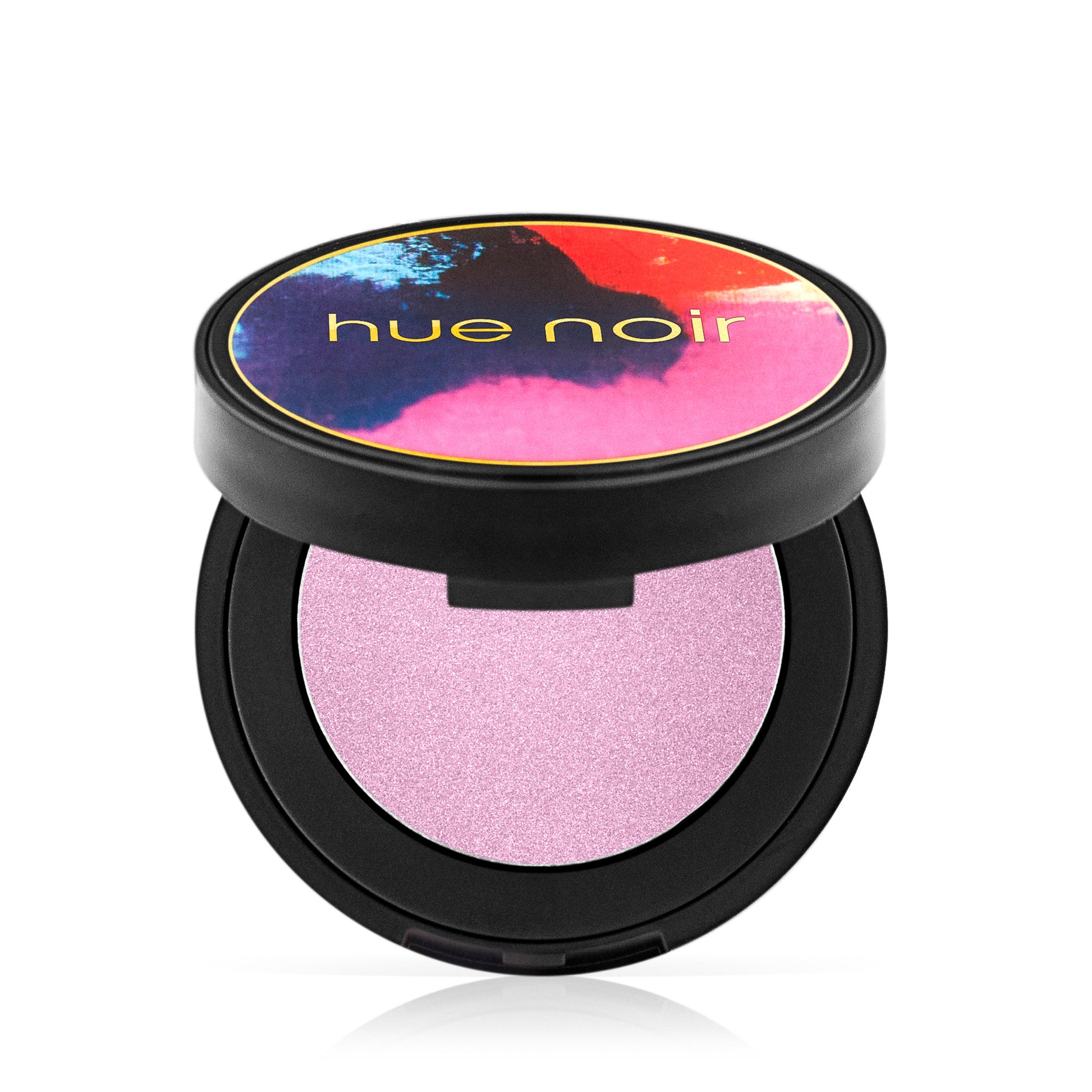 Hue Noir Perfect Pigment Velvet Eyeshadow in Candy Girl, an open compact with a shimmery pink shade inside.