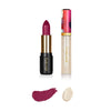 Lip set of fuchsia pink lipstick with smear of color and shimmery clear lip gloss with lip gloss smear