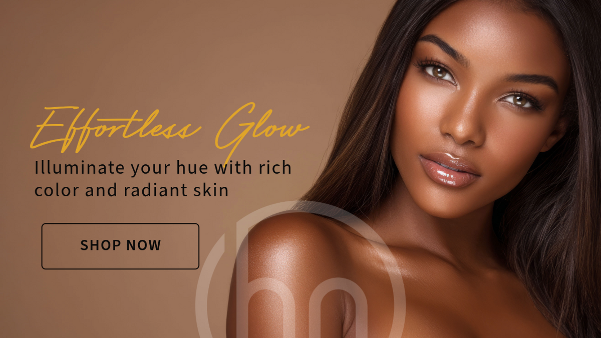A beauty advertisement featuring a close-up portrait of a woman with radiant, glossy skin and long dark hair against a warm brown background. Text on the left reads 'Effortless Glow' in yellow script, with the subtext 'Illuminate your hue with rich color and radiant skin,' a 'SHOP NOW' button, and a faint circular logo watermark.