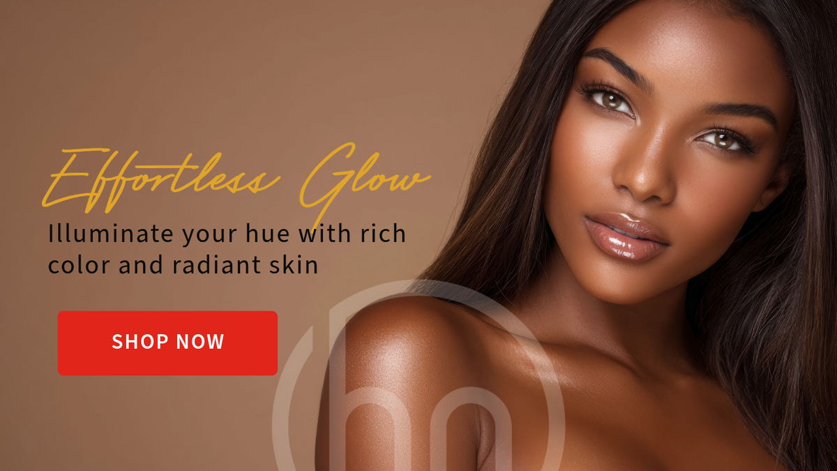 A beauty advertisement featuring a close-up portrait of a woman with radiant, glossy skin and long dark hair against a warm brown background. Text on the left reads 'Effortless Glow' in yellow script, with the subtext 'Illuminate your hue with rich color and radiant skin,' a 'SHOP NOW' button in red with white font, and a faint circular logo watermark.