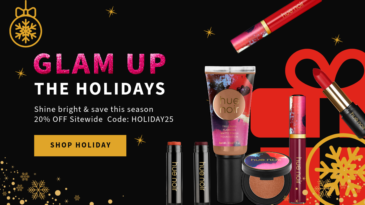 Promotional banner for makeup products with 'Glam Up the Holidays' text and sale information.