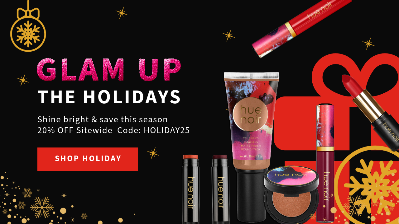 Promotional banner for makeup products with 'Glam Up the Holidays' text and sale information.