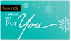 Hue Noir holiday gift card teal color with sparkly snowflakes design