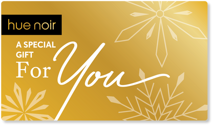 Hue Noir holiday gift card gold color with sparkly snowflakes design