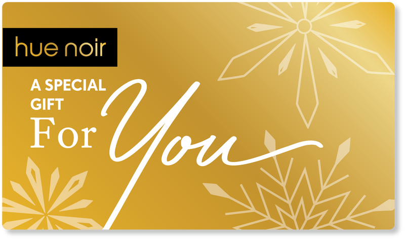 Hue Noir holiday gift card gold color with sparkly snowflakes design