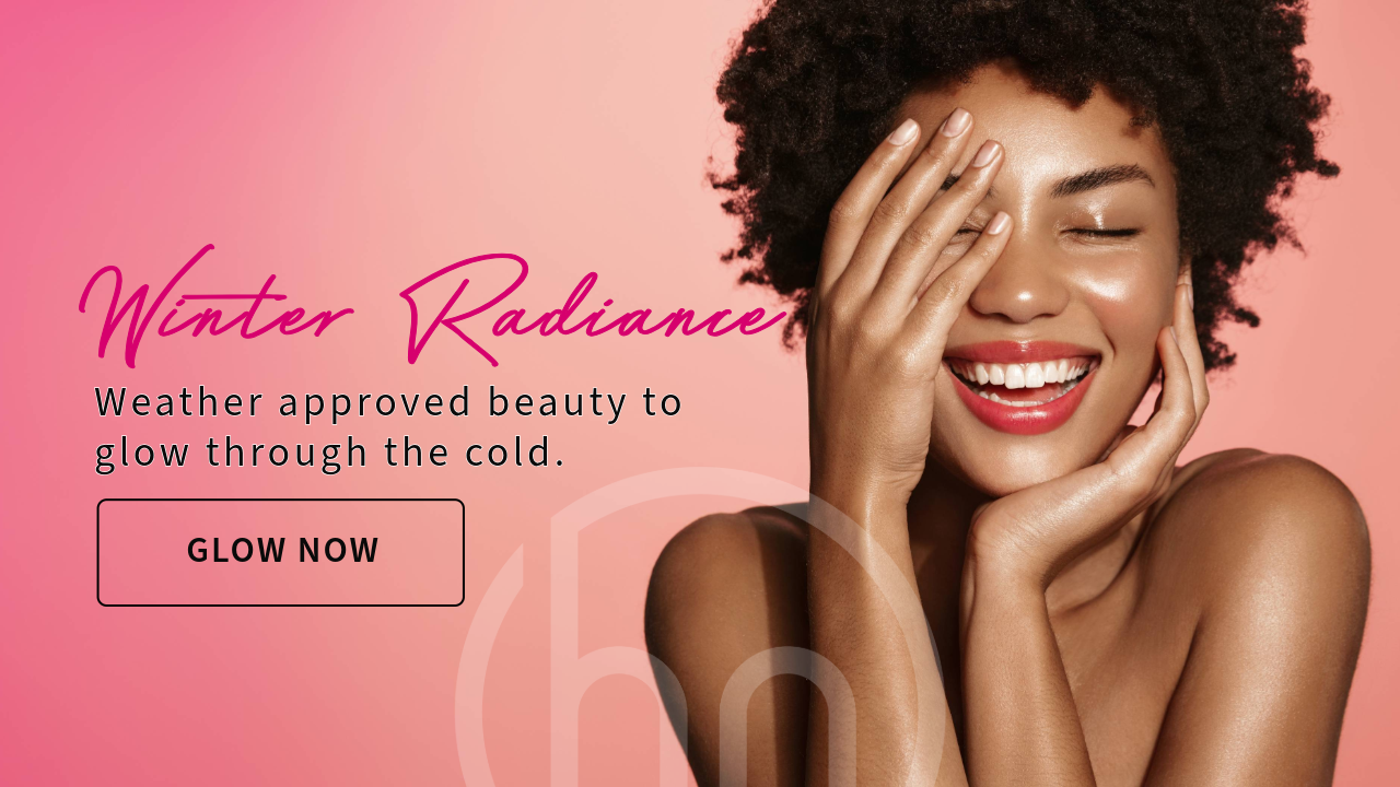 Woman with radiant skin on a pink background with 'Winter Radiance' text.