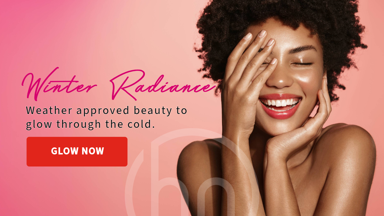 Woman with radiant skin on a pink background with 'Winter Radiance' text.