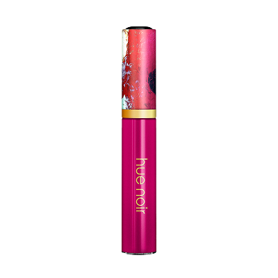 Hue Noir glossy pink lip gloss with luxurious gold-trimmed packaging, adding a radiant finish to elevate any makeup look.