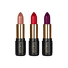 Set of three lipsticks in nude, red, and purple-mauve colors