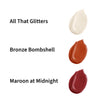 Set of three swatches of lip gloss in nude, bronze and deep red colors