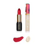 Coral red lipstick with smear of coral red color and shimmery clear lip gloss with swatch color