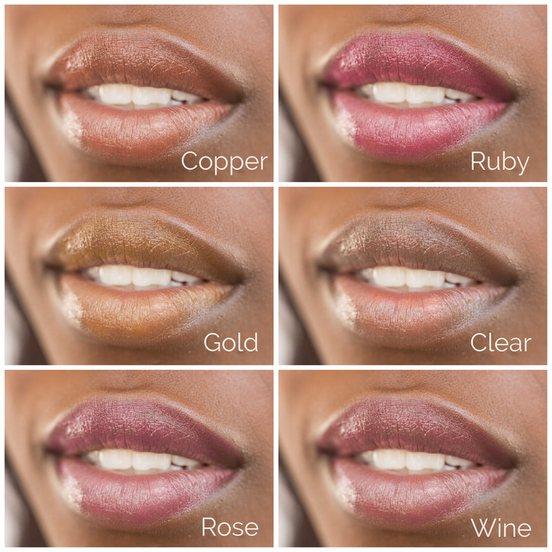 Collage photo of 6 tinted lip balm shades on models lips, copper, ruby, gold, clear, rose, and wine