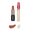 Nude brown lipstick with color smear and shimmery clear lip gloss with color smear