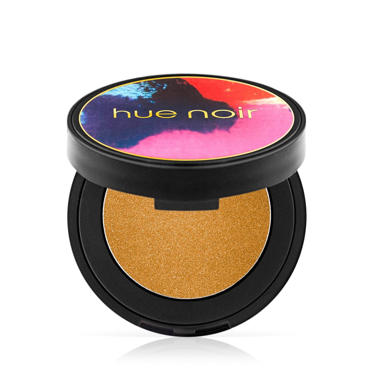 Hue Noir Perfect Pigment Velvet Eyeshadow in Sun Daze, an open compact with a shimmery golden shade inside.