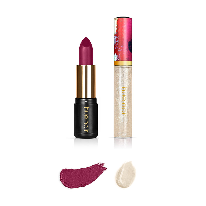 Lip set of fuchsia pink lipstick with smear of color and shimmery clear lip gloss with lip gloss smear