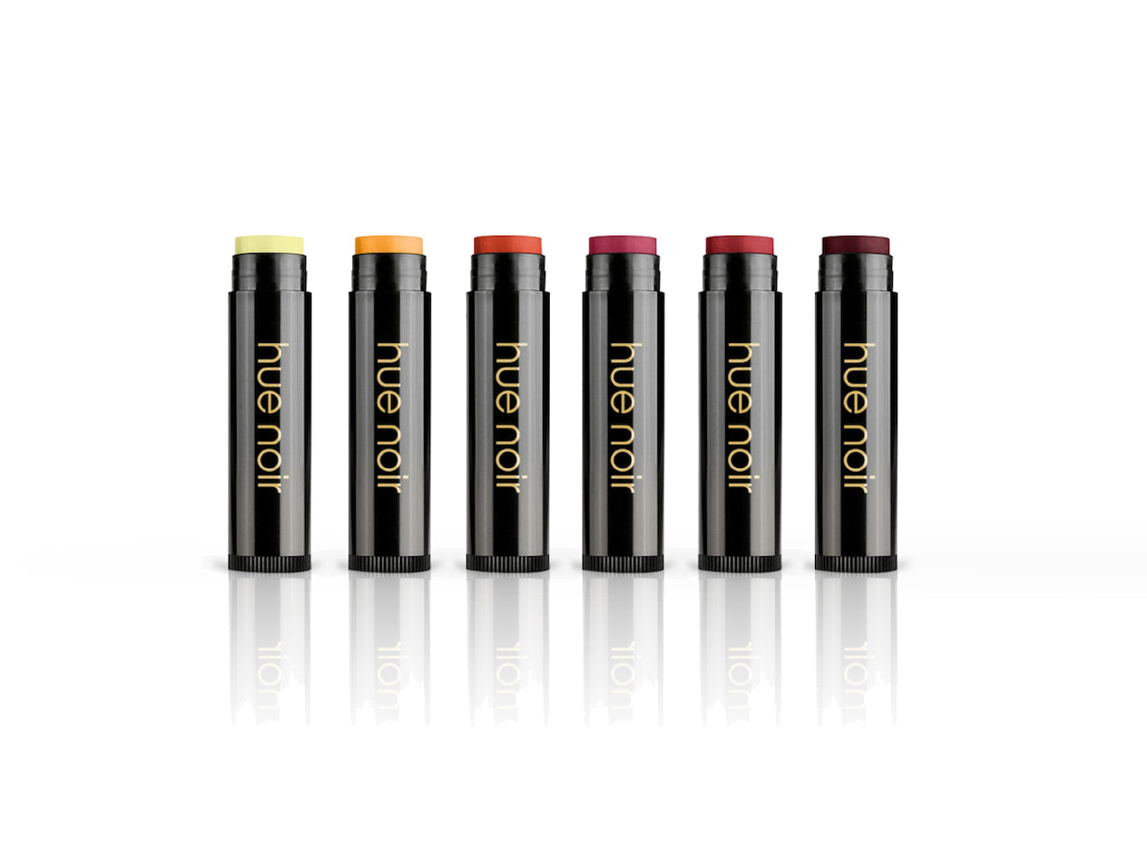tinted lip balm set of six with clear, gold, copper, rose, ruby and wine shades